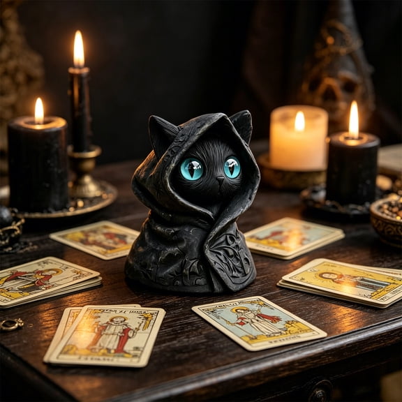 Beforeyayn Mysterious Cape Cats Statue, spooky vintage style cat ornament for mantle or cabinet Halloween fans