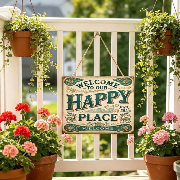 Beforeyayn Happy World Metal Sign, Weatherproof Hanging Happy World Sign, for Renters or Apartment Balcony, on Wall or Door, for No-Permanent Outdoor Decor
