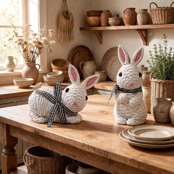 Beforeyayn Pair Pack Easter Resin Bunny Ornament, Rattan effect bunny decor for garden patio, perfect for Easter home decoration, lawn accents, and cute rabbit pair.