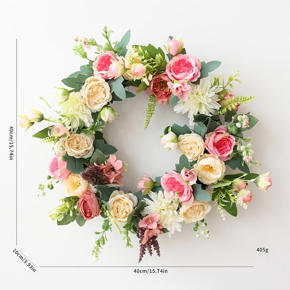 Beforeyayn Simulation Flower Wreath, Large Spring Door Decoration Wreath with Roses, European Style Floral Wall Hanging for Front Door, Interior and Seasonal Decor