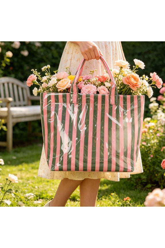 Striped Tote Bag Waterproof PVC, lightweight waterproof handbag for rainy day commute Adults