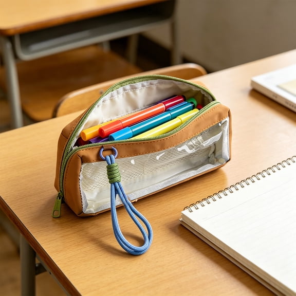 Beforeyayn Uncomplicated Solid Color Pencil Case, With Handle Junior High Stationery Bag, Desk Or Backpack, Large Capacity With Transparent Window