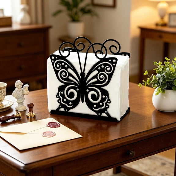 Beforeyayn Vintage Metal Butterfly Napkin Holder - French Countryside Kitchen Decor, Decorative Tissue Stand for Dining Table, Countertop, Wedding Party