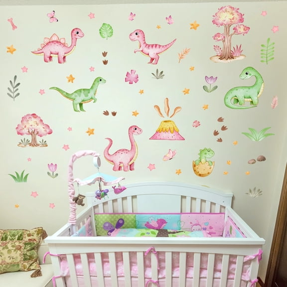 Beforeyayn Watercolor Green Dinosaur Wall Decals, for Girls Nursery Removable Cute Dinosaur Stickers with Trees Butterflies, Fits Kids Bedroom, Playroom, Repositionable for Design Freedom