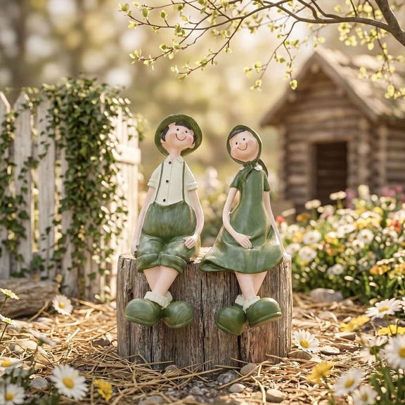 Beforeyayn Whimsical Green Couple Statues Hand Painted Resin Decor for Living Room Bedroom Patio Garden Shelf Fireplace Mantel