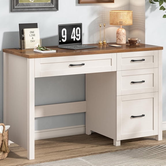 Befrases Farmhouse 47" Executive Desk, Computer Desk with File Drawer and Charging Station, Workstation for Home Office, Study.（Unique White）