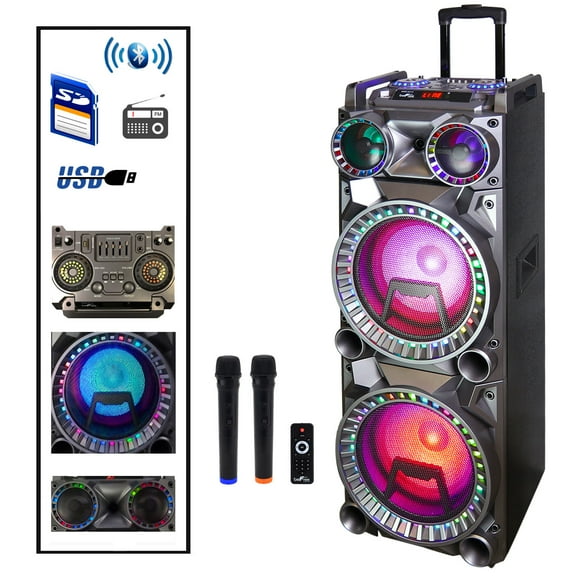 Befree Sound Dual 10 Inch Subwoofer BT Portable Party Speaker with Sound Reactive Party Lights, USB/ SD Input, BTBattery, Remote Control And 2 Wireless Microphones