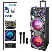 Befree Sound Dual 10 Inch Subwoofer BT Portable Party Speaker with Sound Reactive Party Lights, USB/ SD Input, Battery, Remote Control And 2 Wireless Microphones