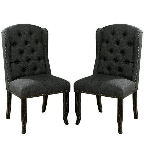 Benjara Bega 23 Inch Dining Chair, Set of 2, Wingback, Button Tufted, Black, Gray