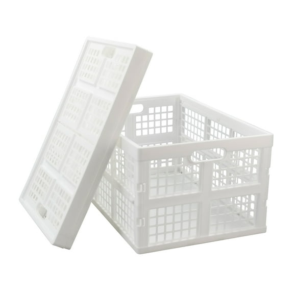 Begale 2-Pack 42 L Large Plastic Collapsible Storage Crate, Folding Storage Basket, White