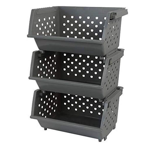 3-Pack Gray Plastic Stackable Detachable Storage Bin, Organizer Stacking Basket