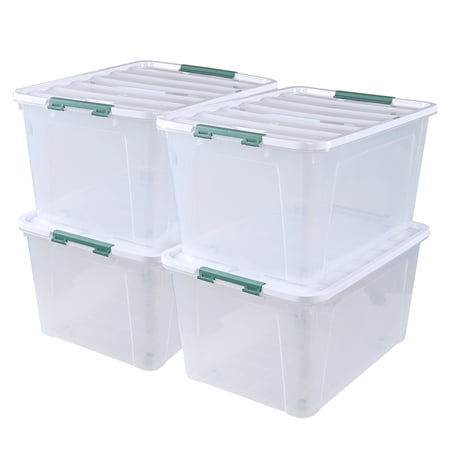 Begale 80 L Plastic Storage Bins with Lids, 4-Pack Clear Storage Box with Wheels