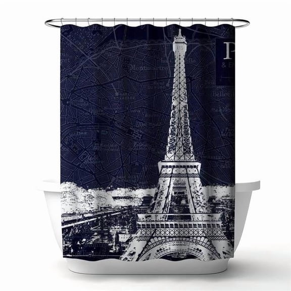 Begin Home Decor 4240-7174-CI103 71 x 74 in. Paris Blue Print Eiffel Tower Shower Curtain - Industrial Decor