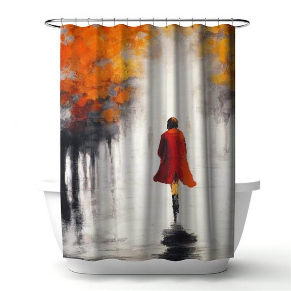 Begin Home Decor 4240-7174-CI123 71 x 74 in. Trees Bedroom Gray Shower Curtain - Woman with Red Coat Fall