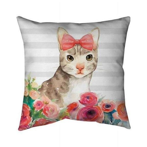 Begin Home Decor 5541-1818-CH8 18 x 18 in. Small Cat with Flowers-Double Sided Print Indoor Pillow