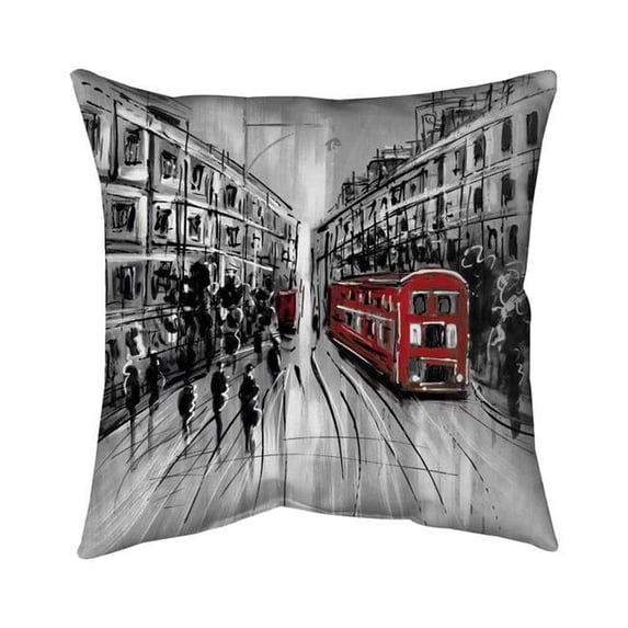 Begin Home Decor 5542-1818-CI8 18 x 18 in. Black & White Street with Red Bus-Double Sided Print Outdoor Pillow Cover