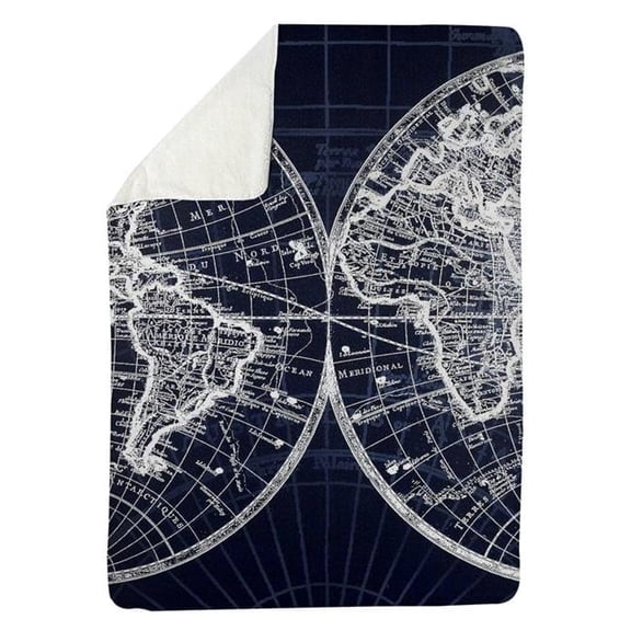 Begin Home Decor 5545-8060-CI104 60 x 80 in. World Map Blue Print Sherpa Fleece Blanket - Home Decor