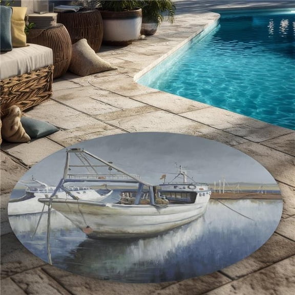 Begin Home Decor C1COAR554J1KEC 5 x 5 ft. Blue Fishing Boat Rug - Coastal Sea Outdoor Decor for Home - Round