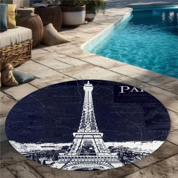 Begin Home Decor C1COAR557695JJ 5 x 5 ft. Paris Blue Print Eiffel Tower Outdoor Area Rug - Home Decor - Round