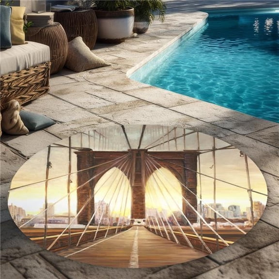Begin Home Decor C1COAR55BYYLRZ 5 x 5 ft. Sunset on the Brooklyn Bridge - Beige Cities Outdoor Rug - Home Decor - Round