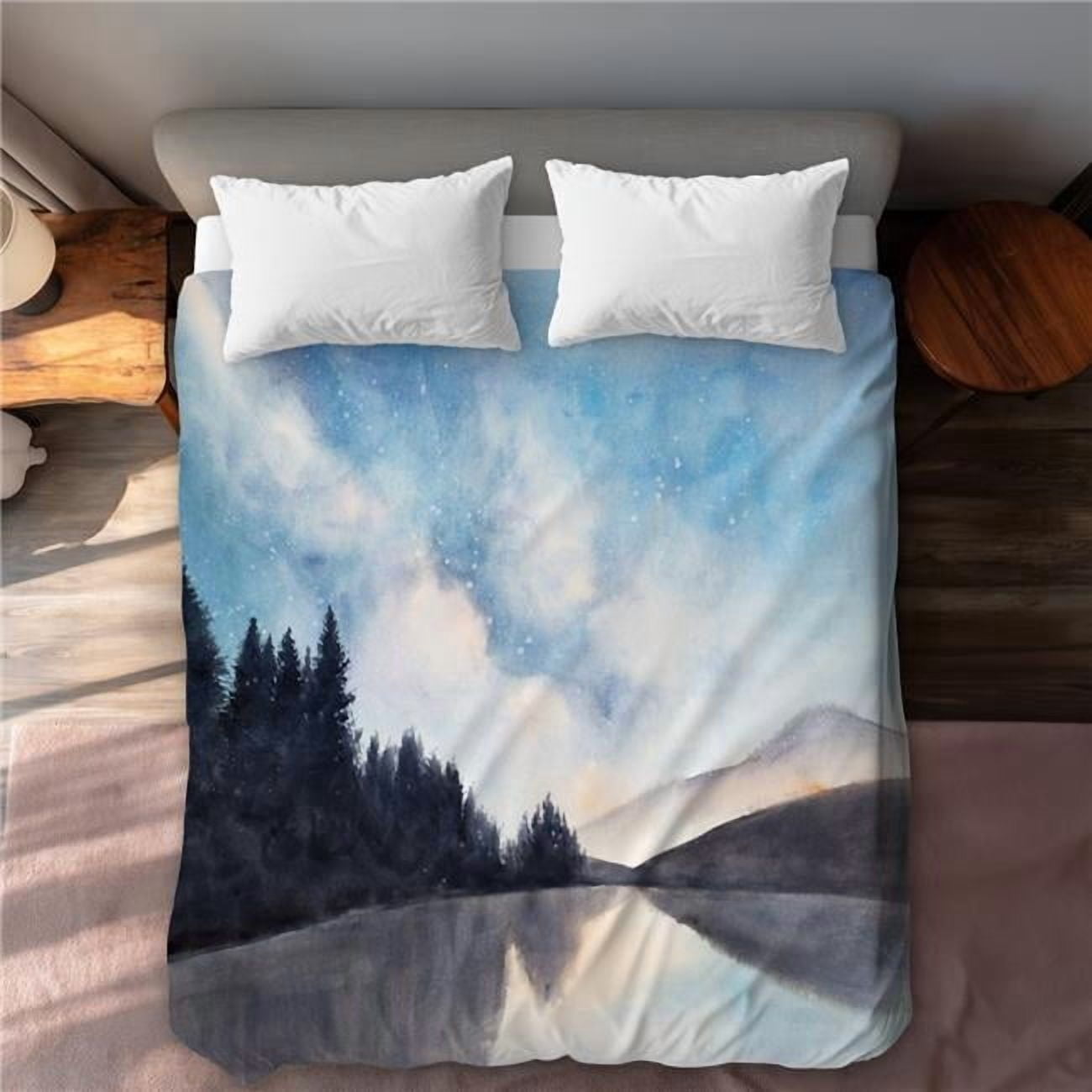 Begin Home Decor C1DCQSW0U80L3N Lakeview by Night Queen Size Duvet Cover - Trees Livingroom Decor