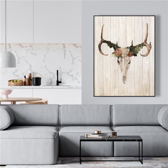 Begin Home Decor C1FC3648CH4GJW 36 x 48 in. Mule Deer Skull with Roses - Rustic Framed Canvas Decor