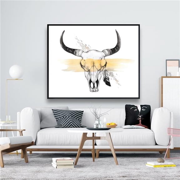 Begin Home Decor C1FC486062WX2F 48 x 60 in. Cow Skull with Feather - Yellow Animals Canvas Home Decor