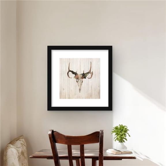 Begin Home Decor C1FM1616MZ9MUM 16 x 16 in. Mule Deer Skull with Roses - Framed Matted Print Wall Art for Decor