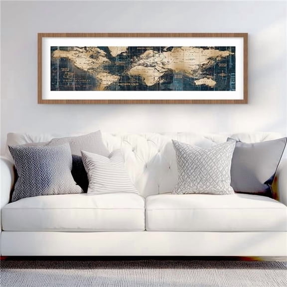Begin Home Decor C1FM1648DQ4W8R 16 x 48 in. Abstract World Map - Beige Cities Framed Matted Print Decor