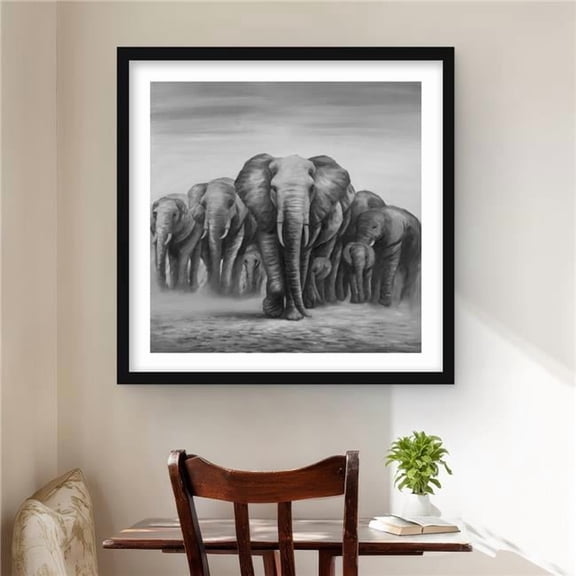 Begin Home Decor C1FM242443ZKSU 24 x 24 in. Herd of Elephants Black & White Framed Print for Home Decor