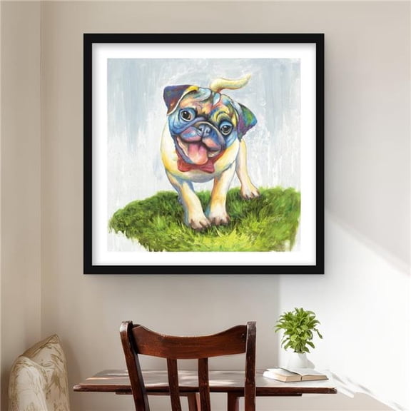 Begin Home Decor C1FM242446NZGO 24 x 24 in. Colorful Smiling Pug - Office Blue Framed Matted Print Decor
