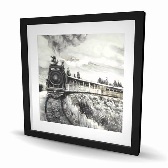 Begin Home Decor C1FM2424D794QU 24 x 24 in. Steam Engine Train - Gray Framed Matted Print for Home Decor