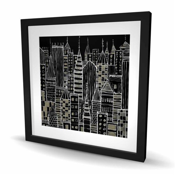 Begin Home Decor C1FM2424X4W4LI 24 x 24 in. Illustrative Dark City - Cities Office Framed Matted Print Wall Art