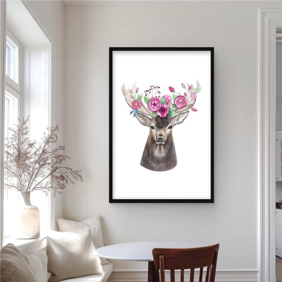 Begin Home Decor C1FM2436AC1I5J 24 x 36 in. Deer Head with Flowers - Pink Scandinavian Framed Print