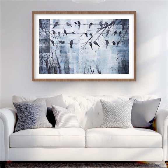Begin Home Decor C1FM2436P2RJA4 24 x 36 in. Abstract Birds on Electric Wire - Blue Framed Matted Print