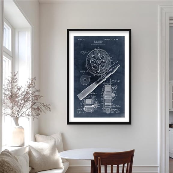 Begin Home Decor C1FM2436YOQNR9 24 x 36 in. Blueprint of A Fishing Reel - Framed Matted Print for Decor