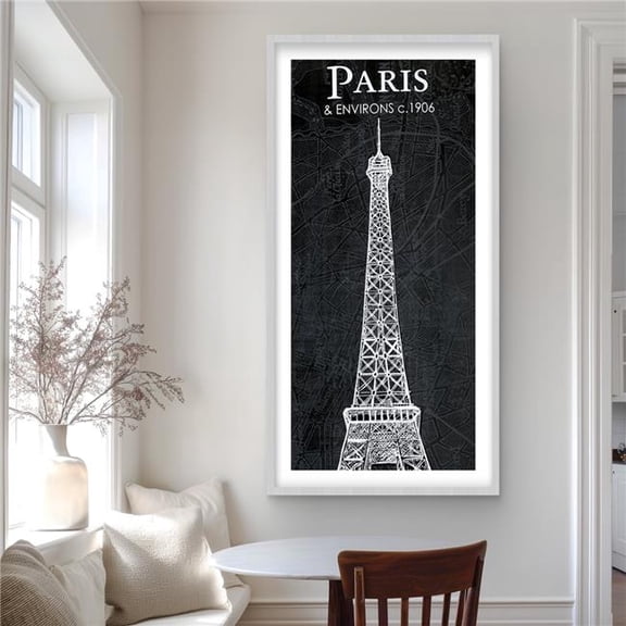 Begin Home Decor C1FM2448FETHLZ 24 x 48 in. Eiffel Tower Sketch with Map - Gray Framed Matted Print Office Decor