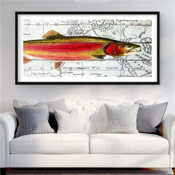 Begin Home Decor C1FM2448IQOUAS 24 x 48 in. Pink Trout on A Map - Framed Matted Print for Home Decor