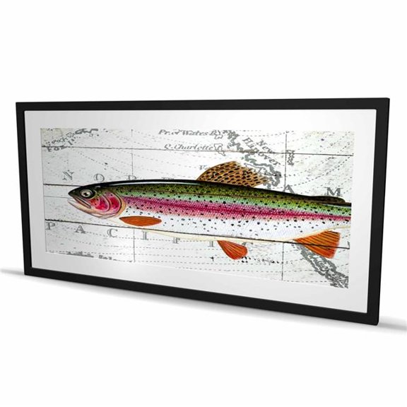 Begin Home Decor C1FM2448R0FED6 24 x 48 in. Trout on A World Map - Framed Matted Print for Home Decor