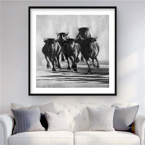 Begin Home Decor C1FM363653VSGJ 36 x 36 in. Group of Bulls At Galops - Gray Animals Framed Print Decor