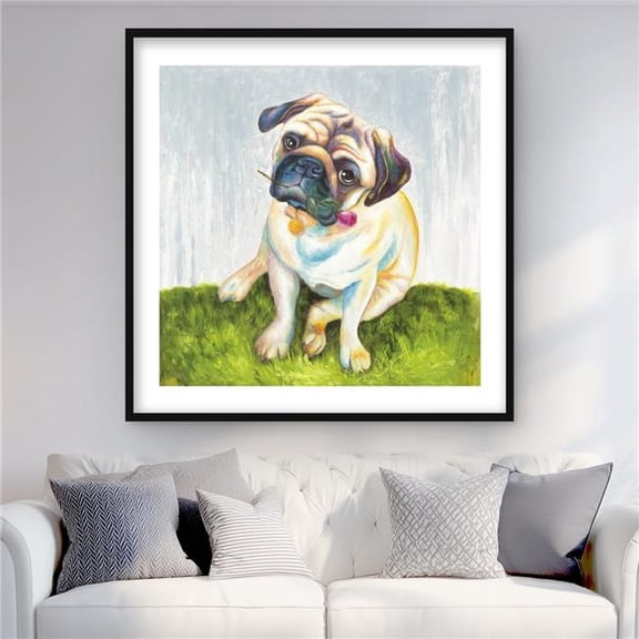 Begin Home Decor C1FM36369EZEPW 36 x 36 in. Cute Pug with Rose - Blue Framed Matted Print for Home Decor