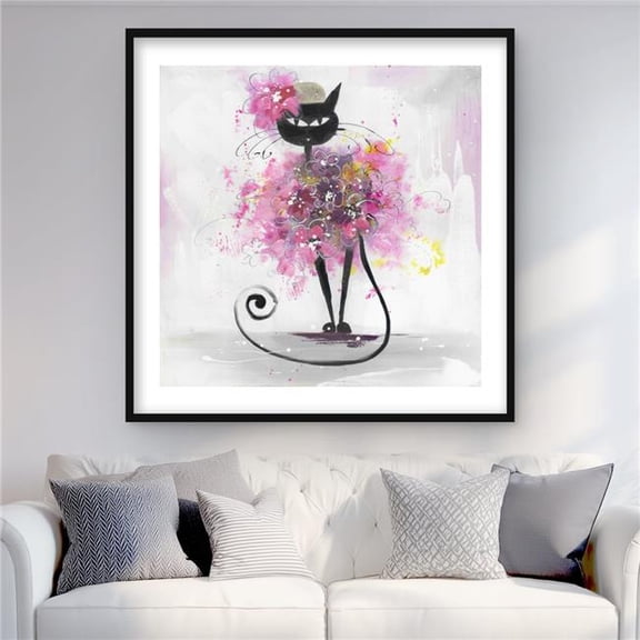 Begin Home Decor C1FM3636I7VPTM 36 x 36 in. Cartoon Cat with Pink Flowers - Framed Print for Kids Room