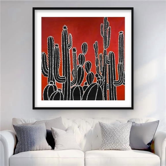 Begin Home Decor C1FM3636UKB1E7 36 x 36 in. Black Tall Cactus - Retro Black Framed Matted Print Decor