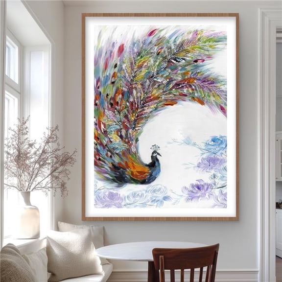 Begin Home Decor C1FM364842LRID 36 x 48 in. Colorful Peacock with Flowers - Contemporary Framed Print