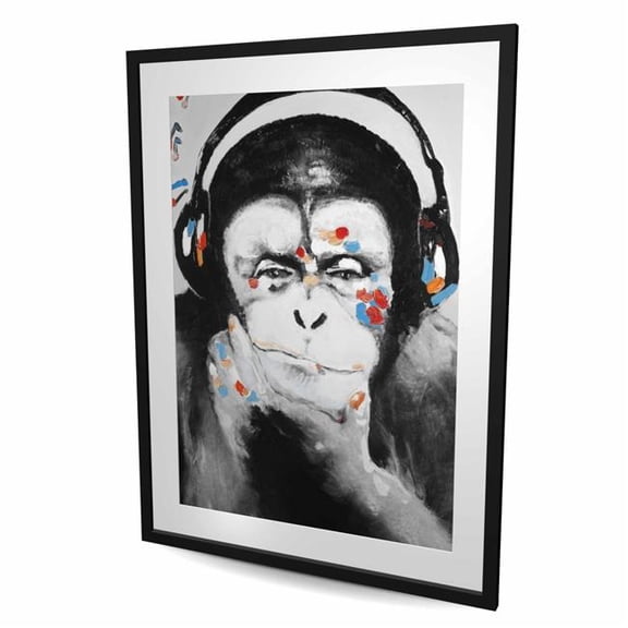 Begin Home Decor C1FM3648CU70C0 36 x 48 in. Monkey with Headphones - Gray Musical Framed Matted Print