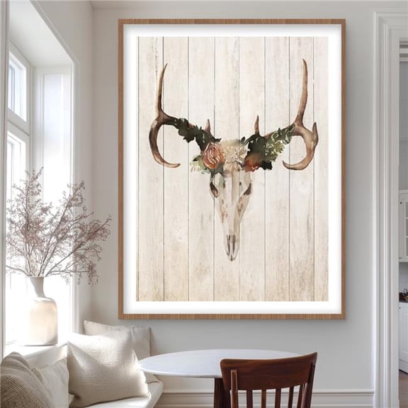 Begin Home Decor C1FM3648P0CE00 36 x 48 in. Mule Deer Skull with Roses - Rustic Framed Print for Decor