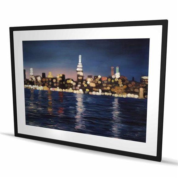 Begin Home Decor C1FM3648QJ2NEY 36 x 48 in. Blurry City with Water by Night - Gray Framed Matted Print Wall Art