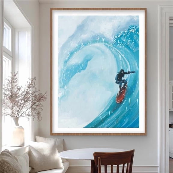 Begin Home Decor C1FM3648R3XI8I 36 x 48 in. Surfer on A Big Wave - Turquoise Man Cave Framed Print