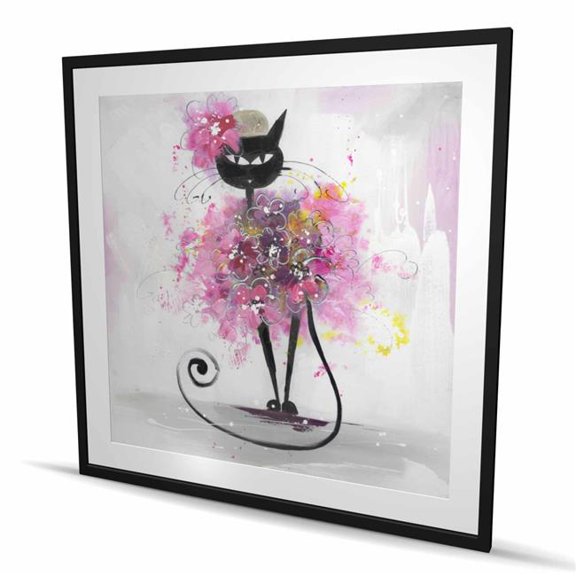 Begin Home Decor C1FM48482UDPE5 48 x 48 in. Cartoon Cat with Pink Flowers - Black Framed Matted Print Wall Art