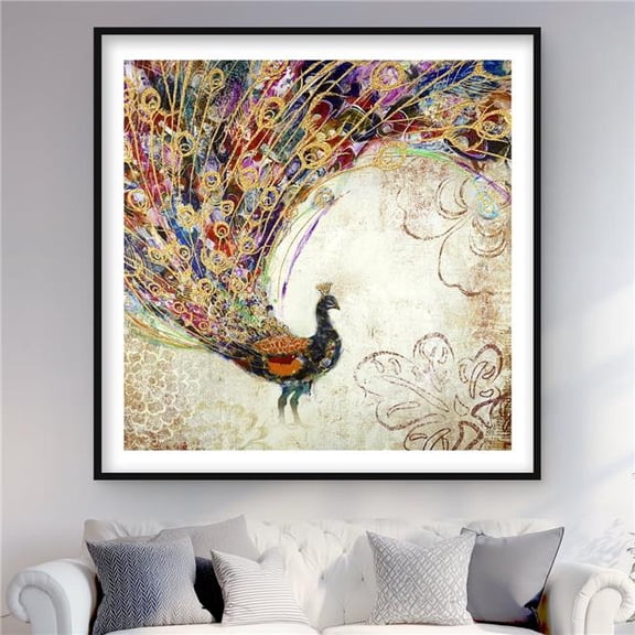 Begin Home Decor C1FM4848ATIDQS 48 x 48 in. Peacock with Gold Feathers - Contemporary Gold Framed Print Wall Art